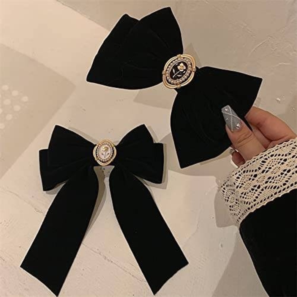 Black Velvet Hair Bow Clip Vintage Gold Cameo Coquette Hair Accessory‎